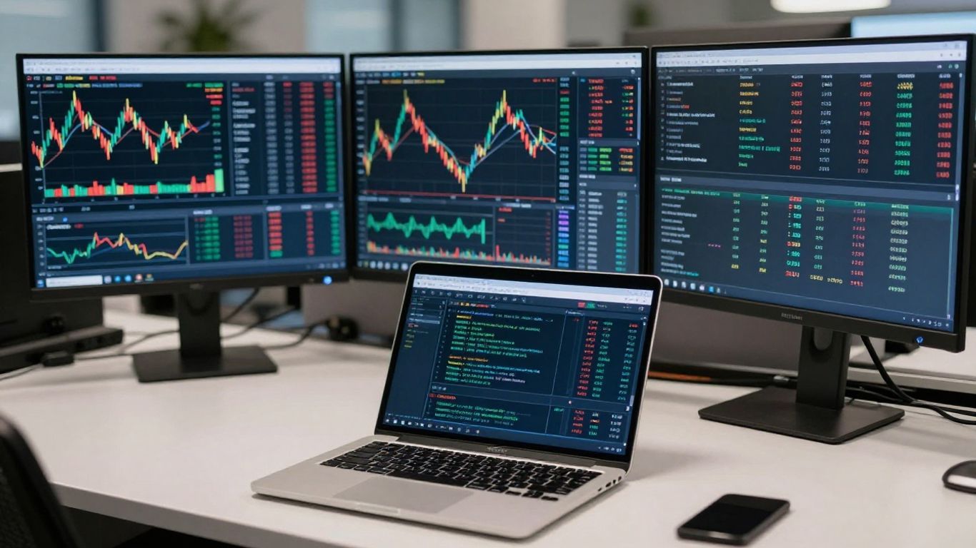 Interactive Brokers trading desk with monitors and laptop.