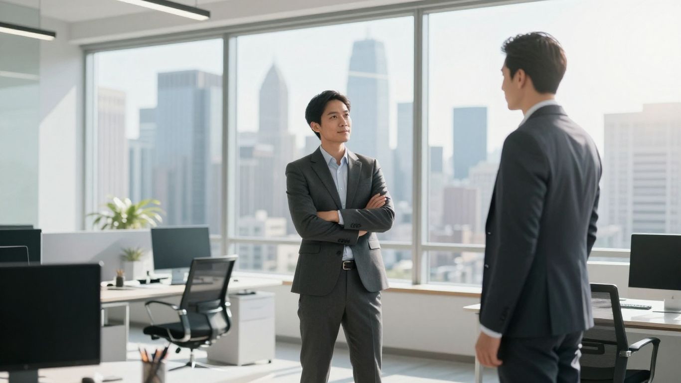 Stockbroker in office with city view