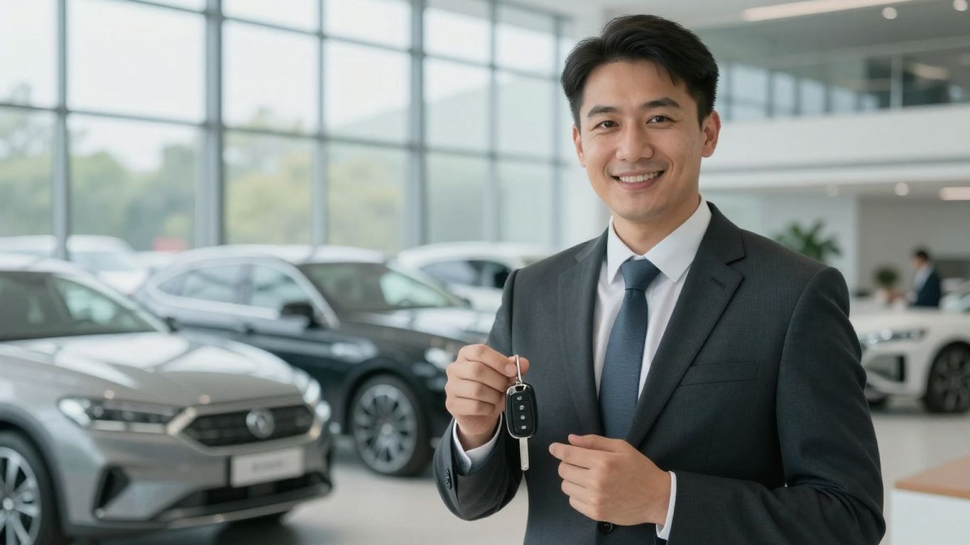 Auto broker holding car keys with cars in background.