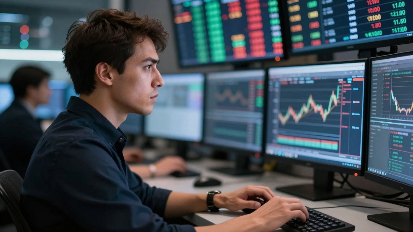 Trader focused on market news during a trading session.