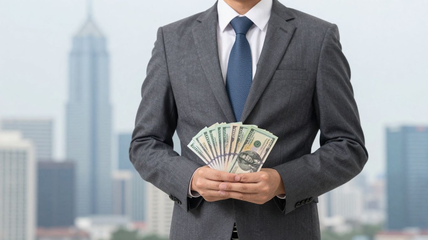 Real estate broker with money, cityscape background.