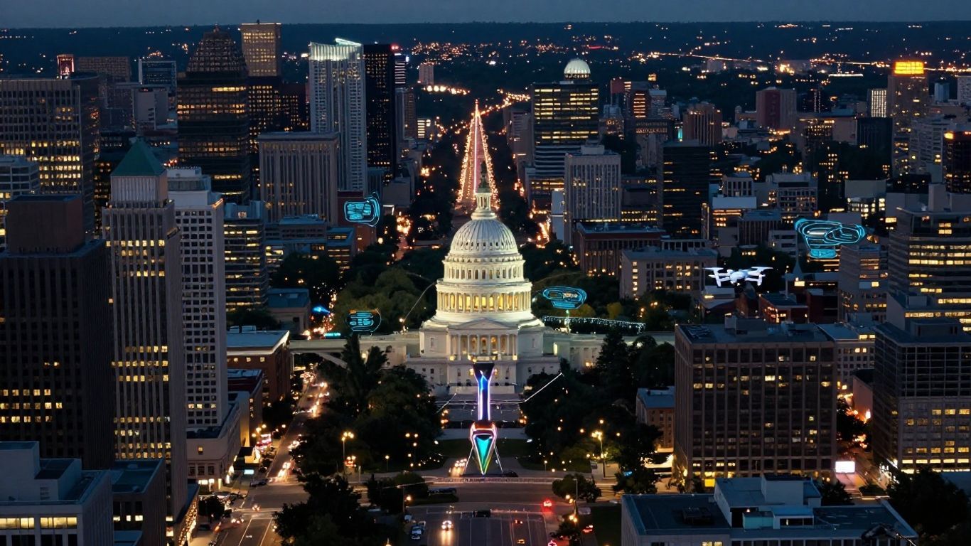 Washington DC skyline with smart city technology elements.