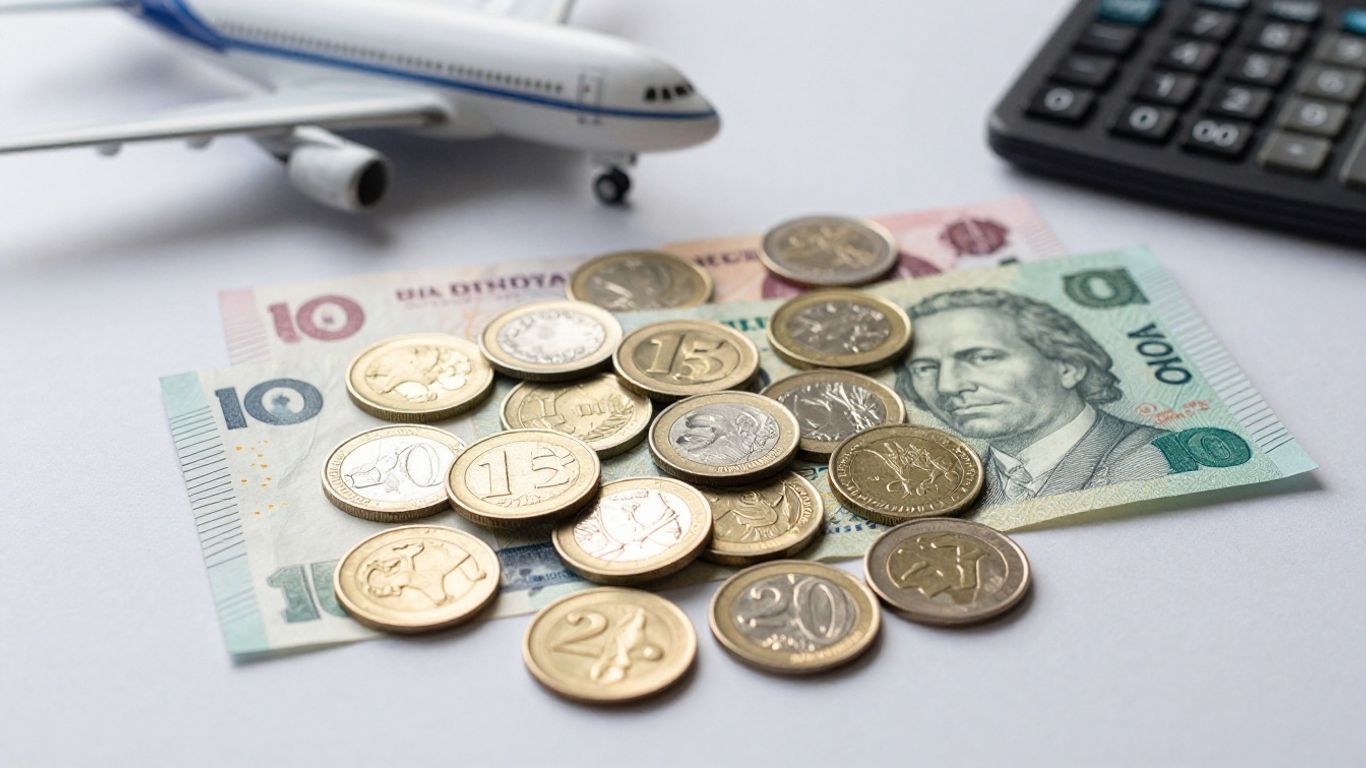 Different currencies and calculator on a table