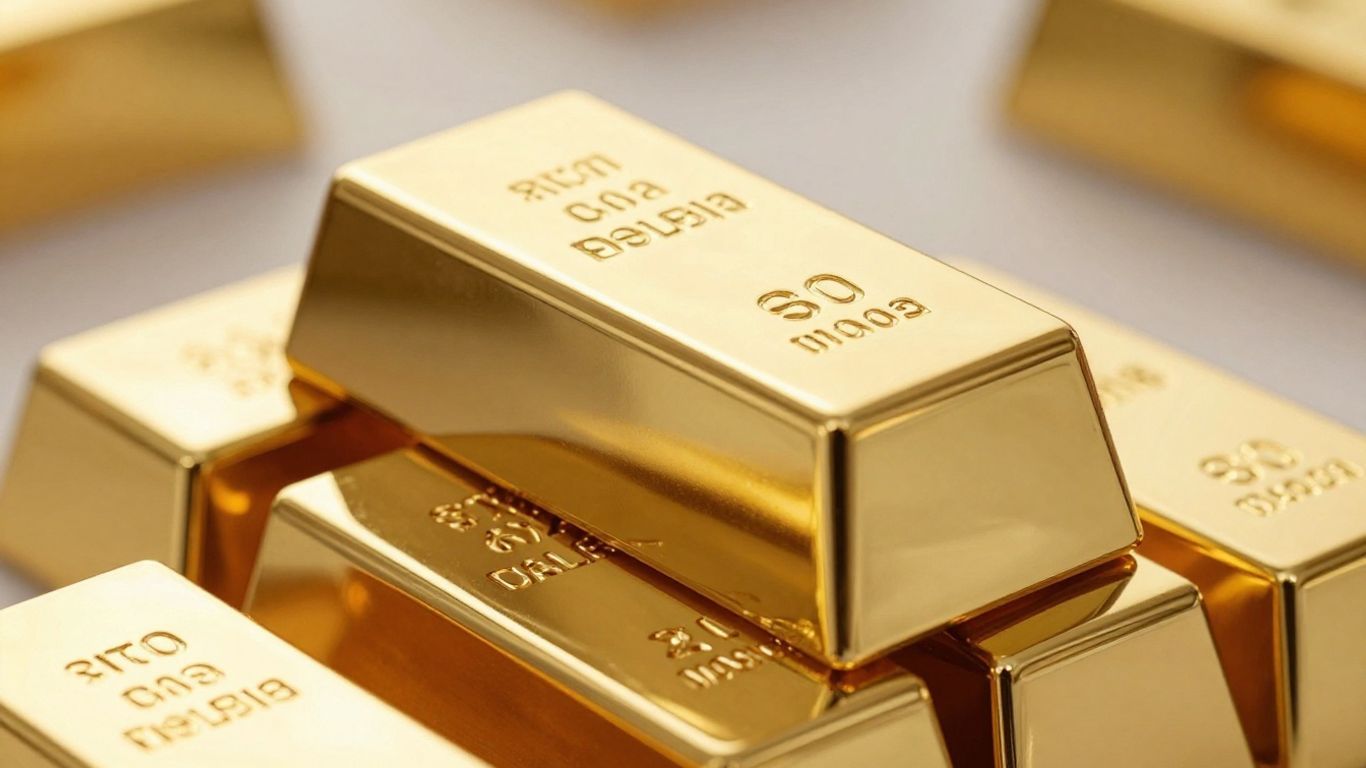 Stack of gleaming gold bars in a vault.