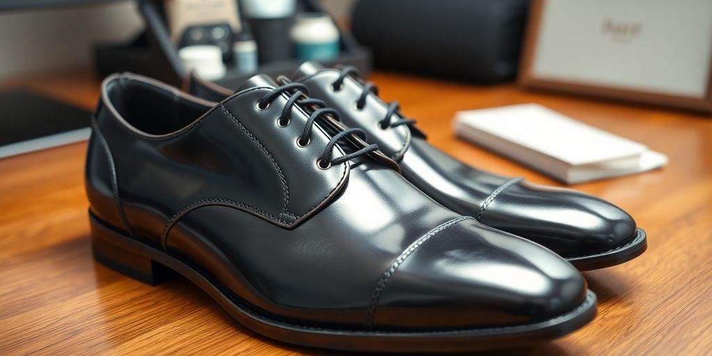 Formal office shoes on a desk with shoe care kit.