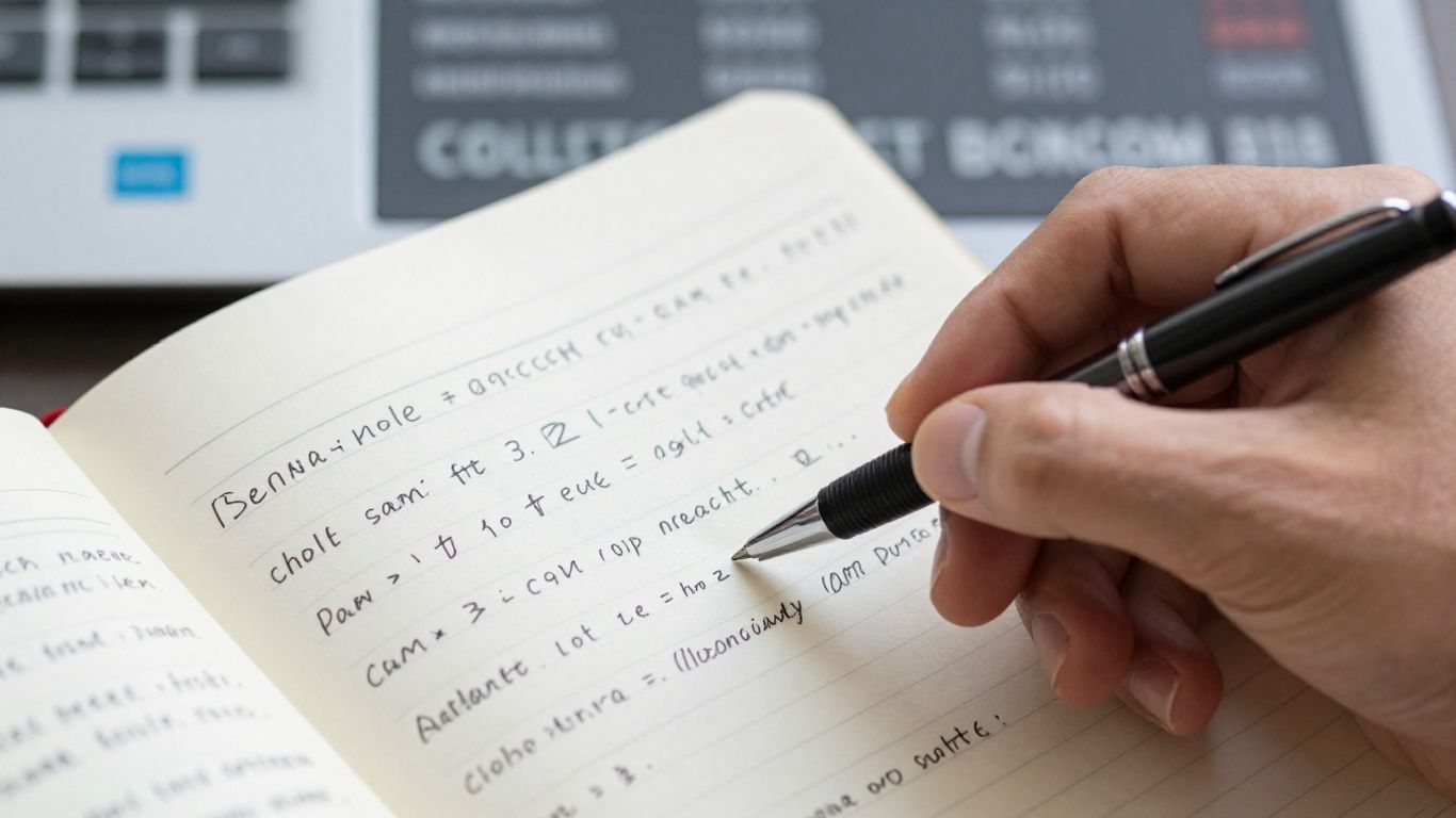 Forex trading journal with pen and handwritten entries.
