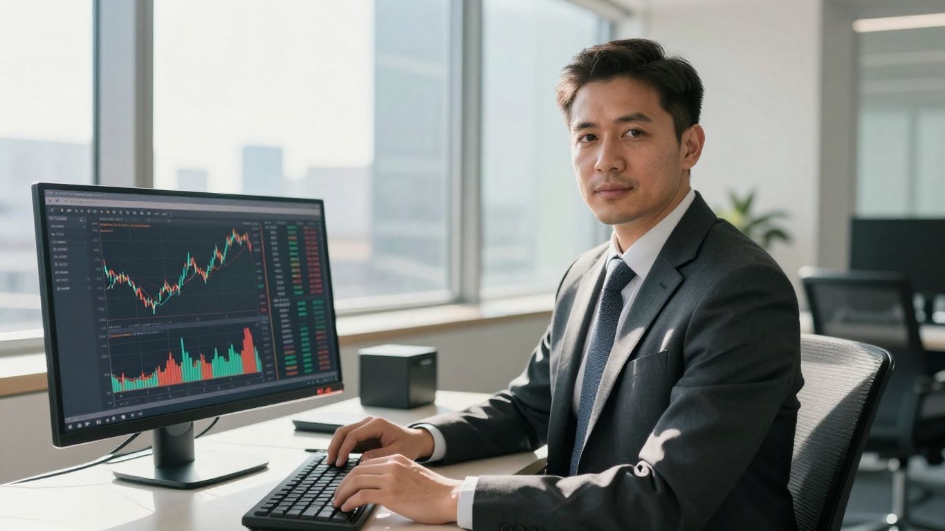 Broker in office with financial data on screen.