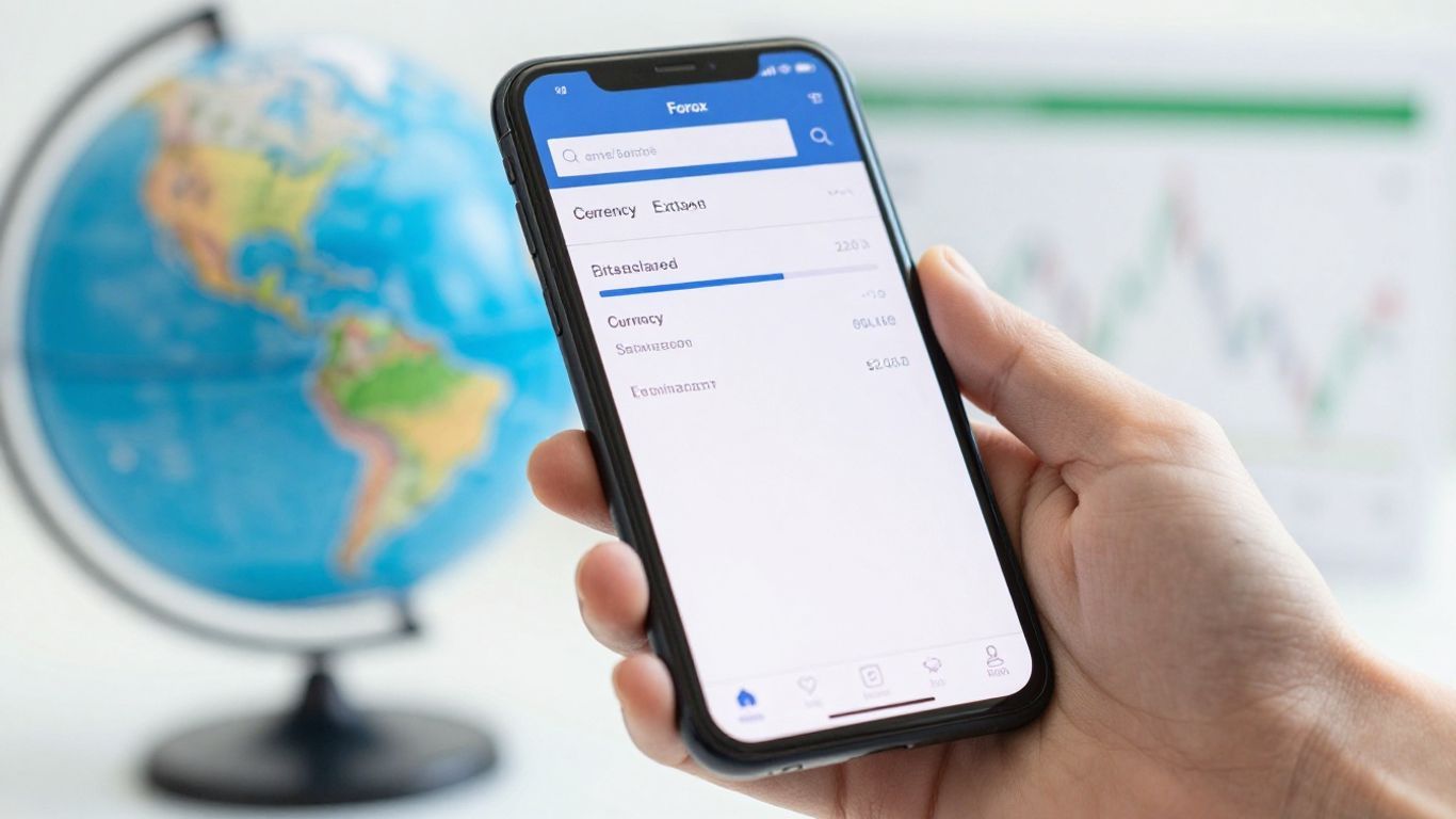 Hand holding smartphone with currency exchange app.