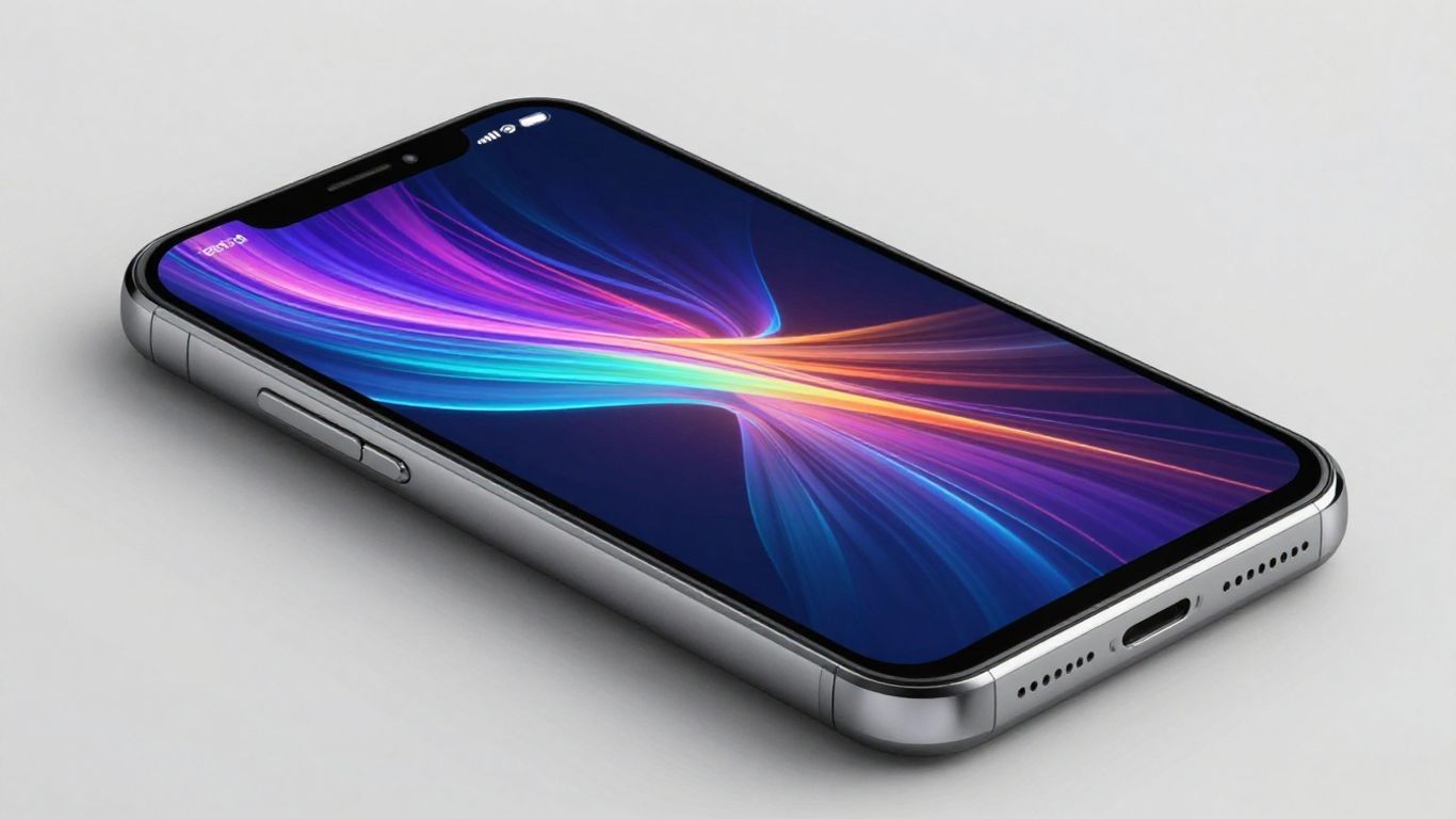 Android phone with abstract financial data display.