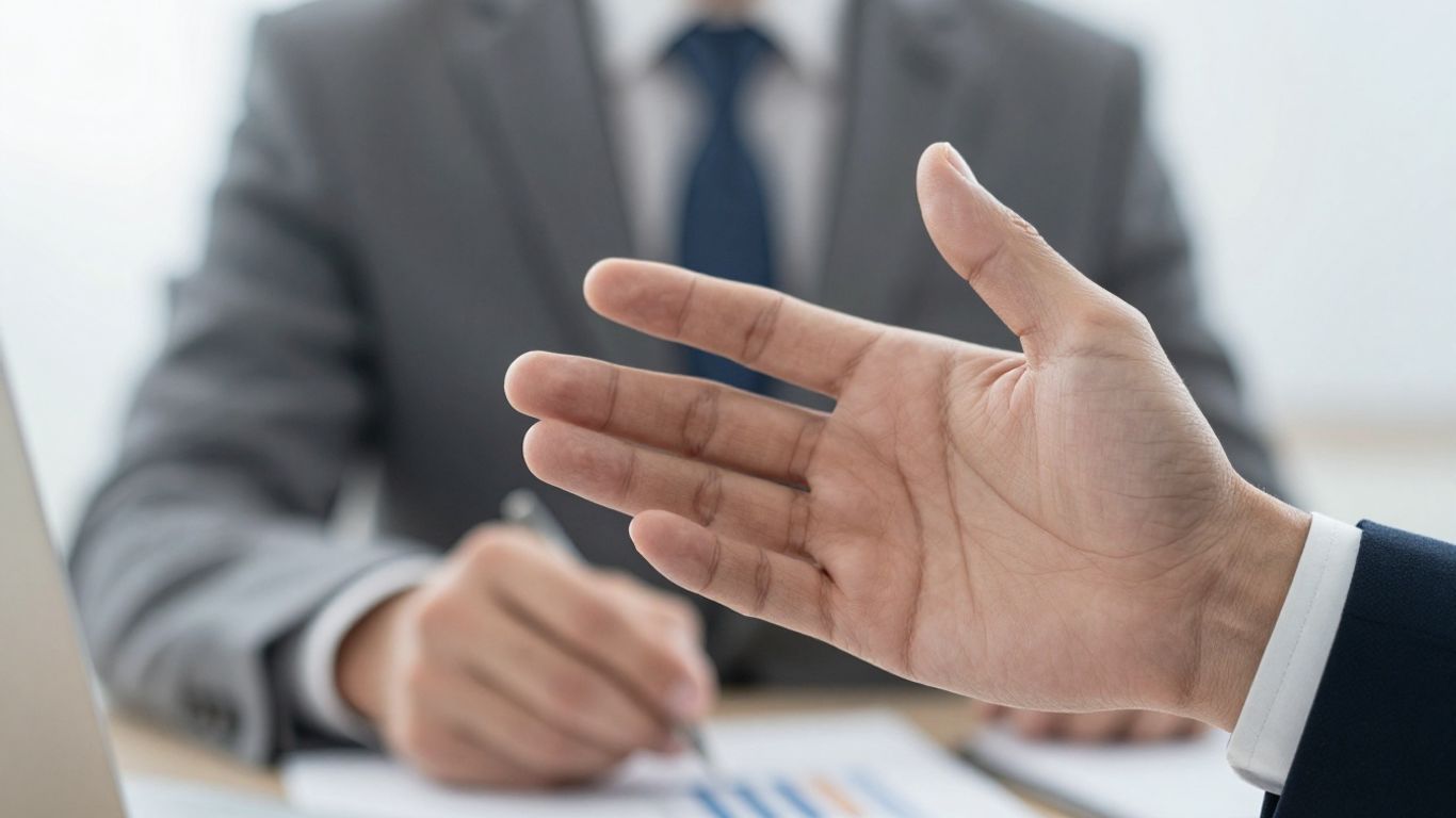 Hands facilitating a connection in a business setting.