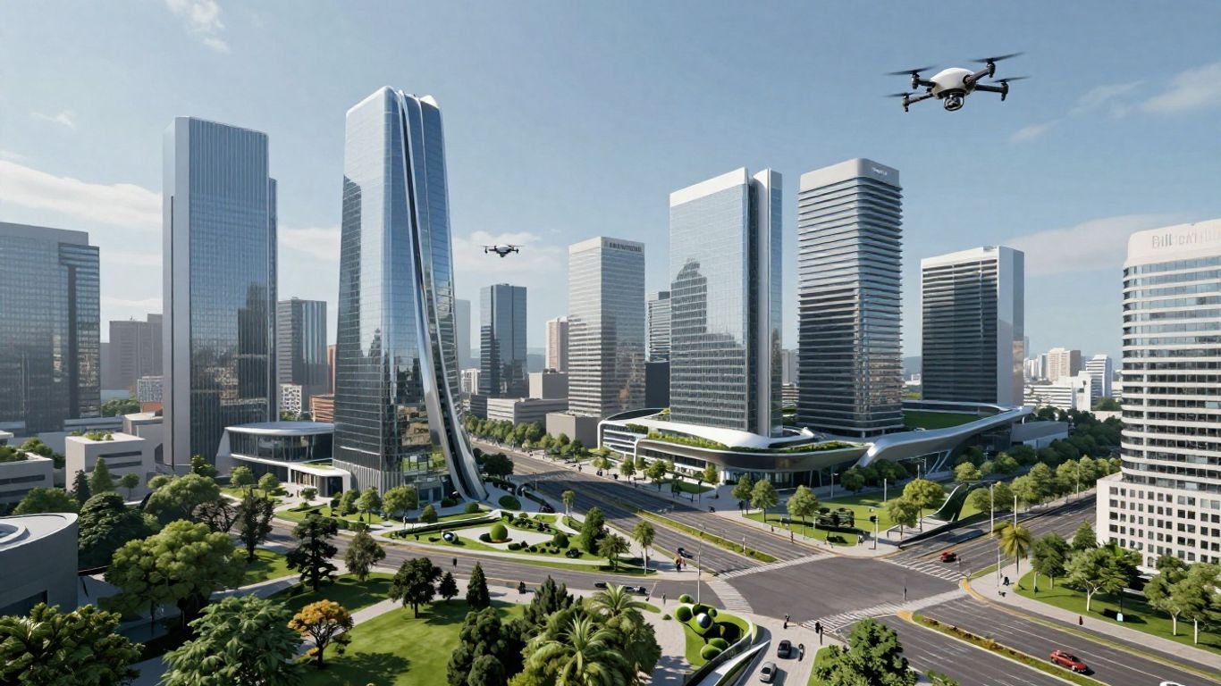Futuristic smart city architecture with drones and green spaces.