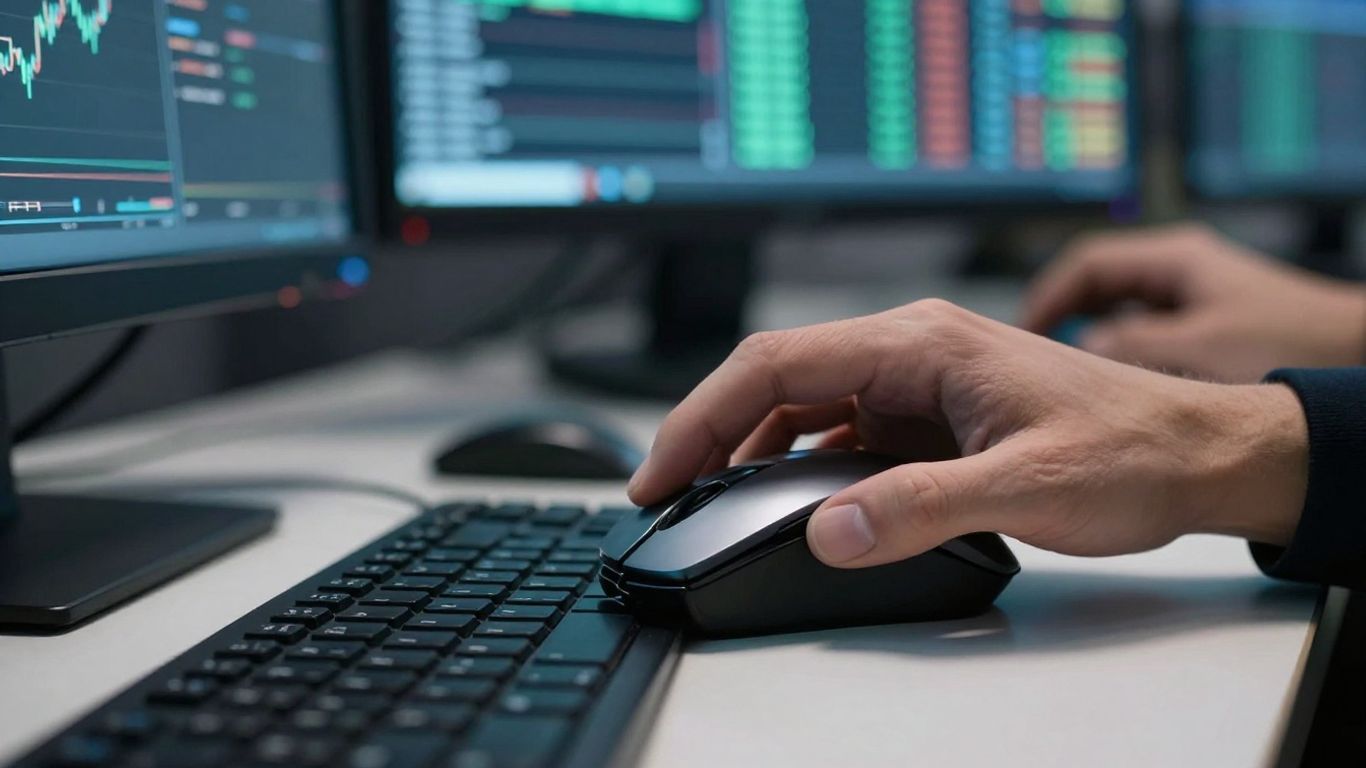 Trader's hands quickly using mouse and keyboard for rapid profit.