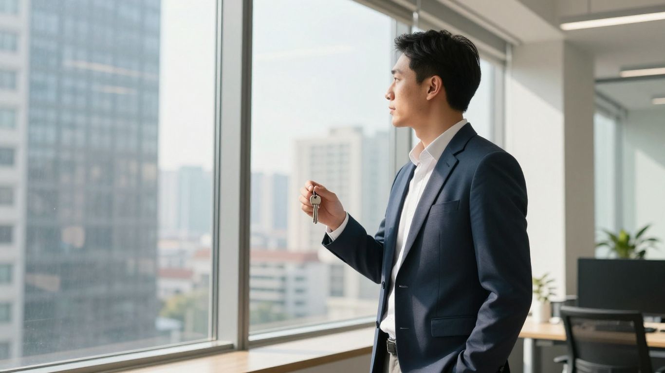 Real estate broker with keys and city view