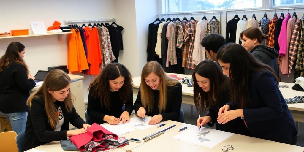 Students collaborating on fashion design at the academy.