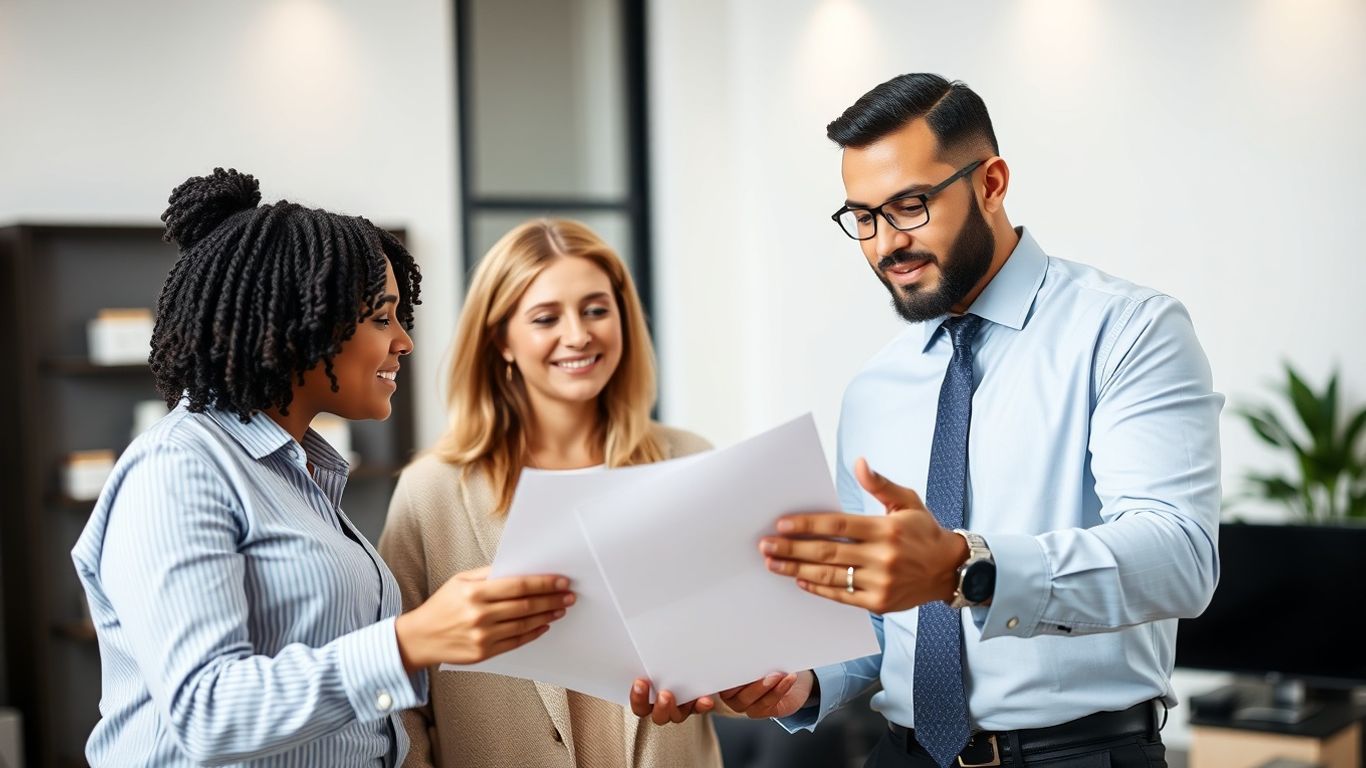 Insurance broker guiding a couple through policy documents.