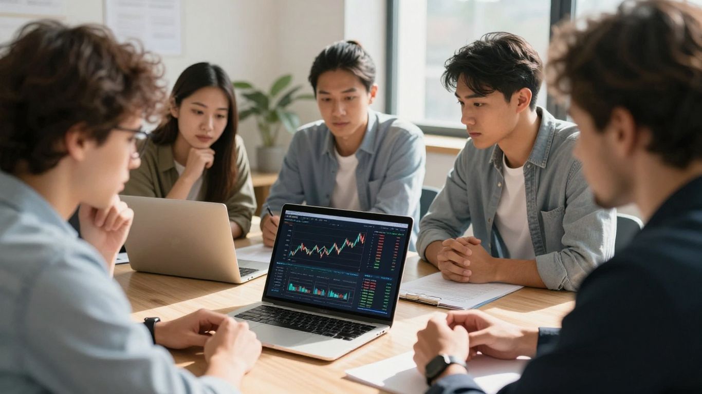 Students learning about trading on a laptop.