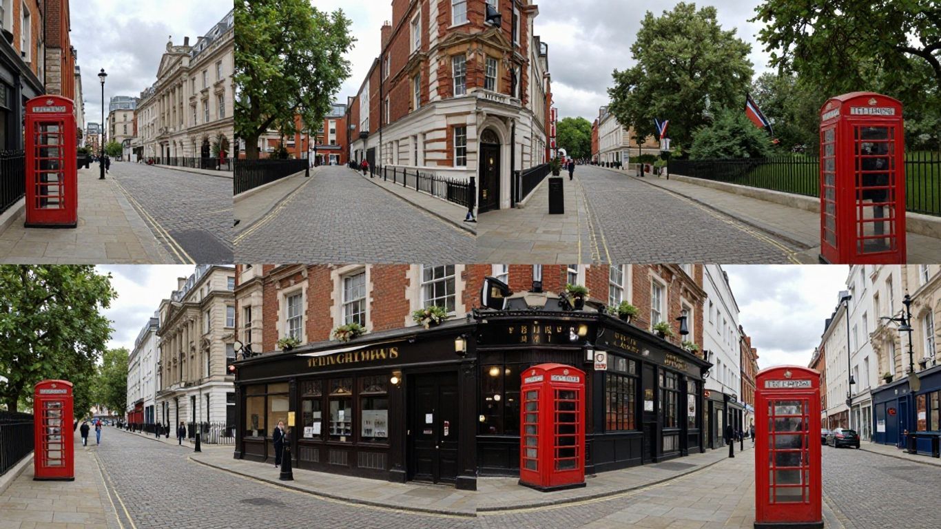 Historic London street with pubs and parks.