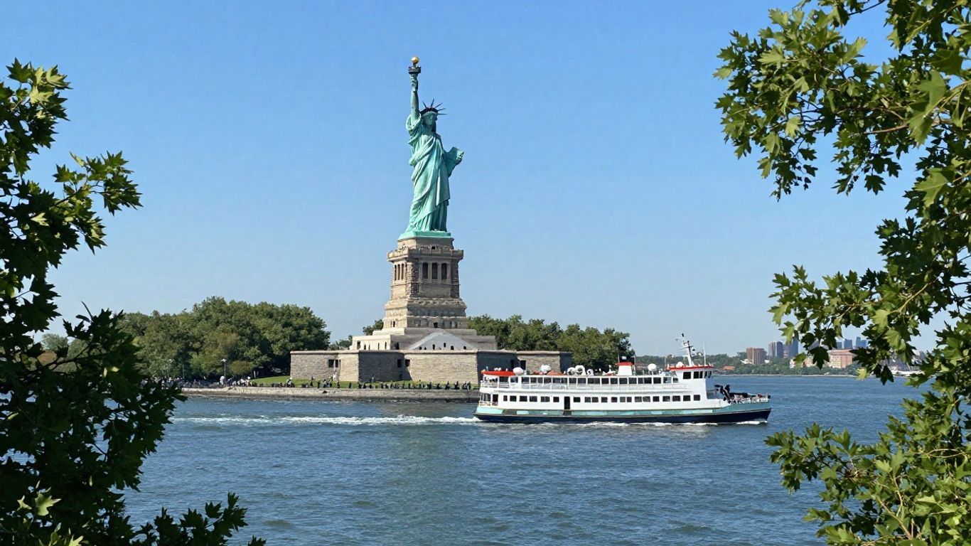 Statue of Liberty with ferry and blue sky.