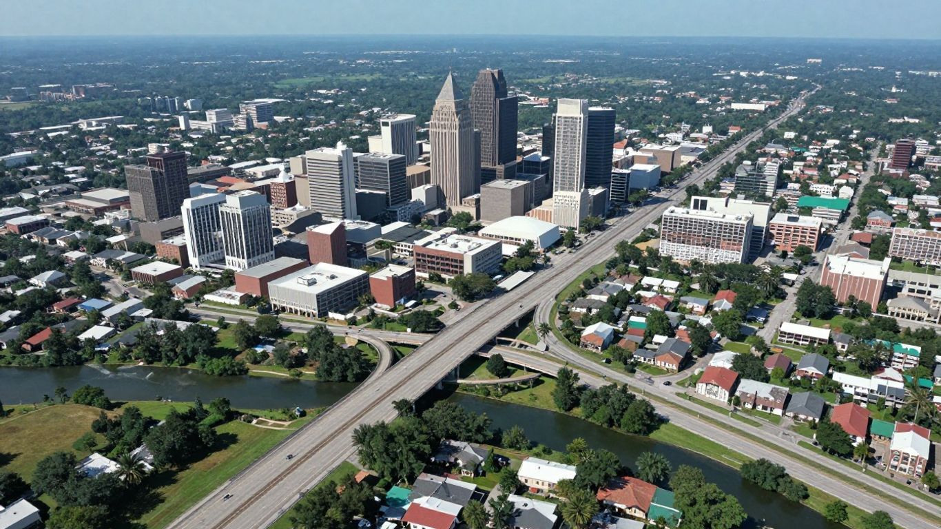 Aerial view of South Carolina cities connected by highways and rivers.
