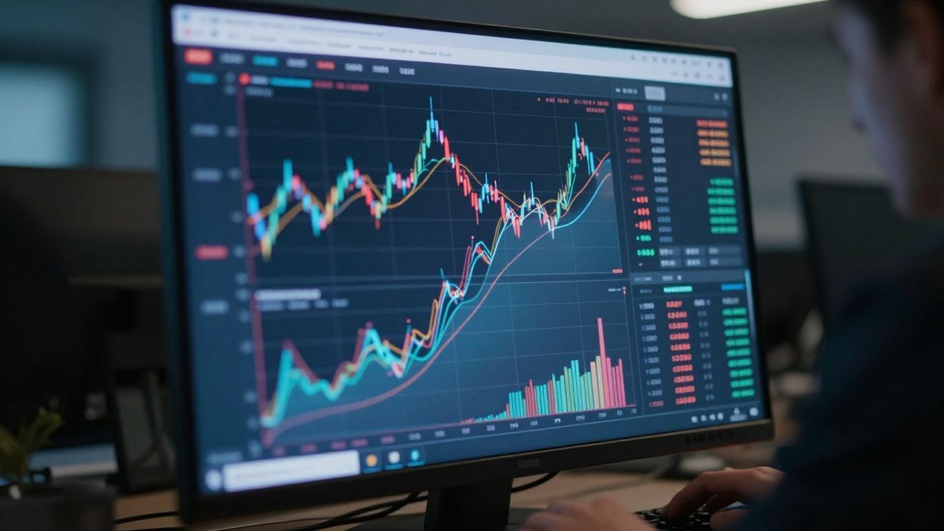 Online stock trading platform interface with abstract financial data.
