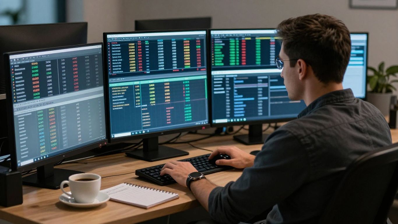 Trader at desk with Forex charts and workspace