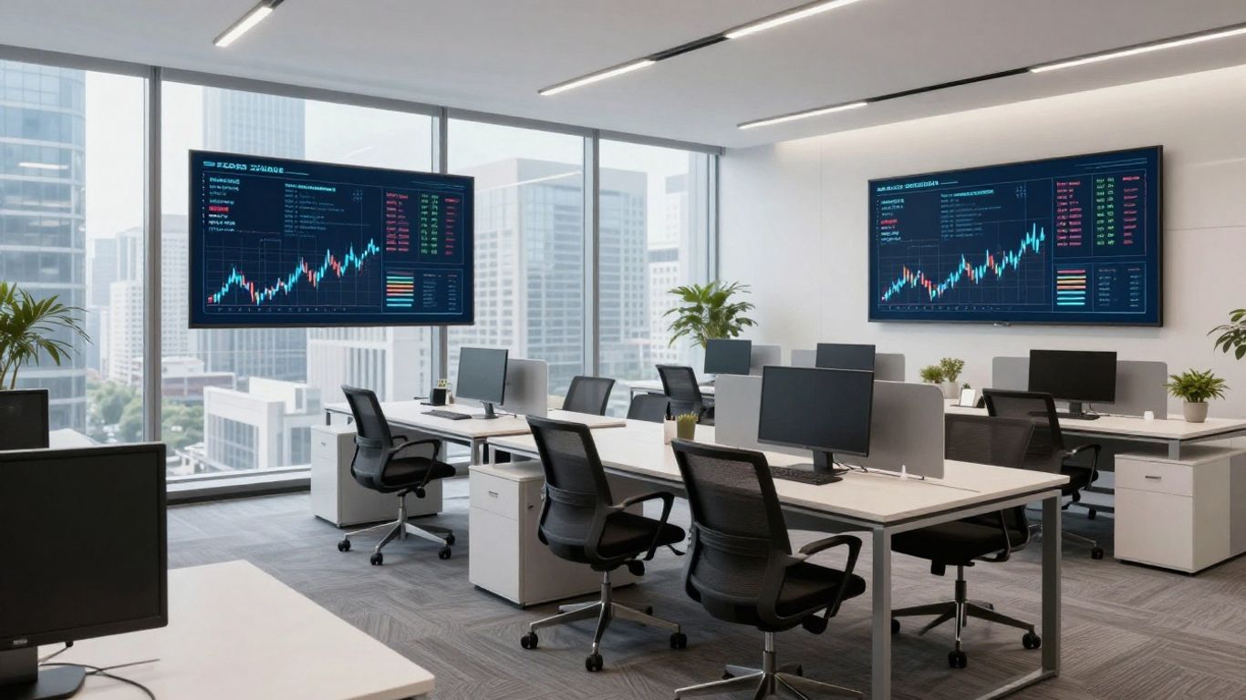 Modern office with city view, hinting at financial growth.