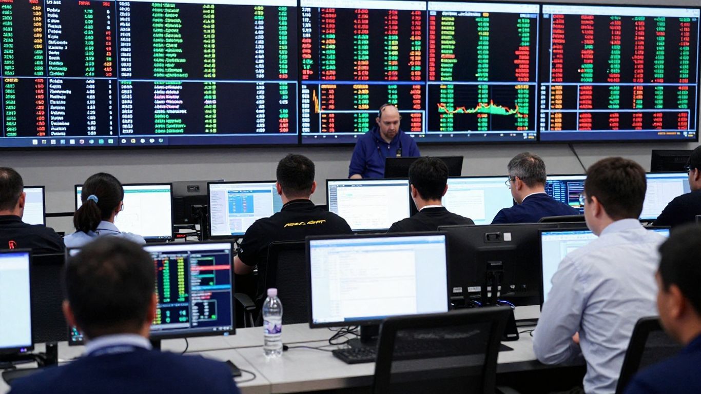 Forex trading floor with currency symbols and focused traders.