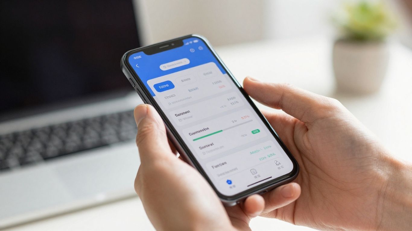 Hands holding smartphone with financial app open.