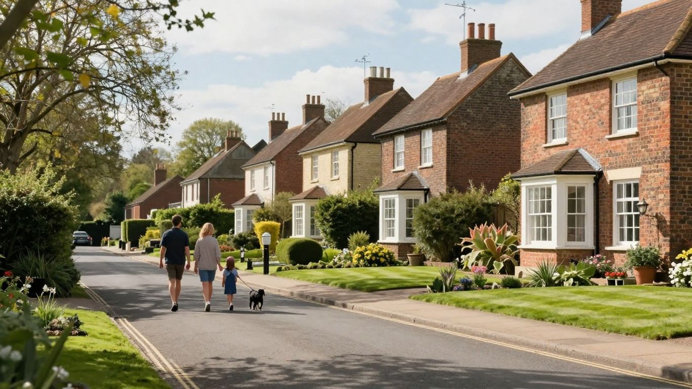 Charming English suburban street with houses and gardens.