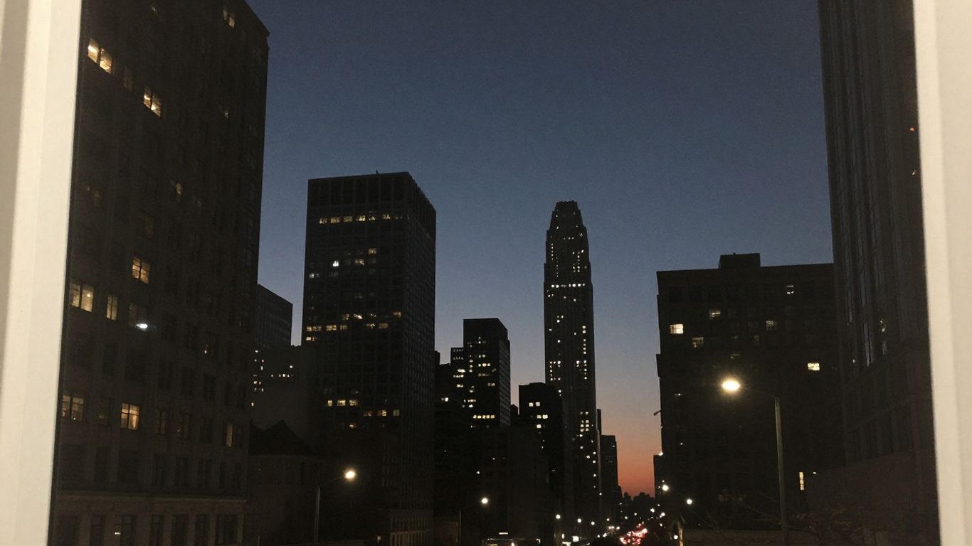 Urban cityscape at dusk, hinting at serious crime data.