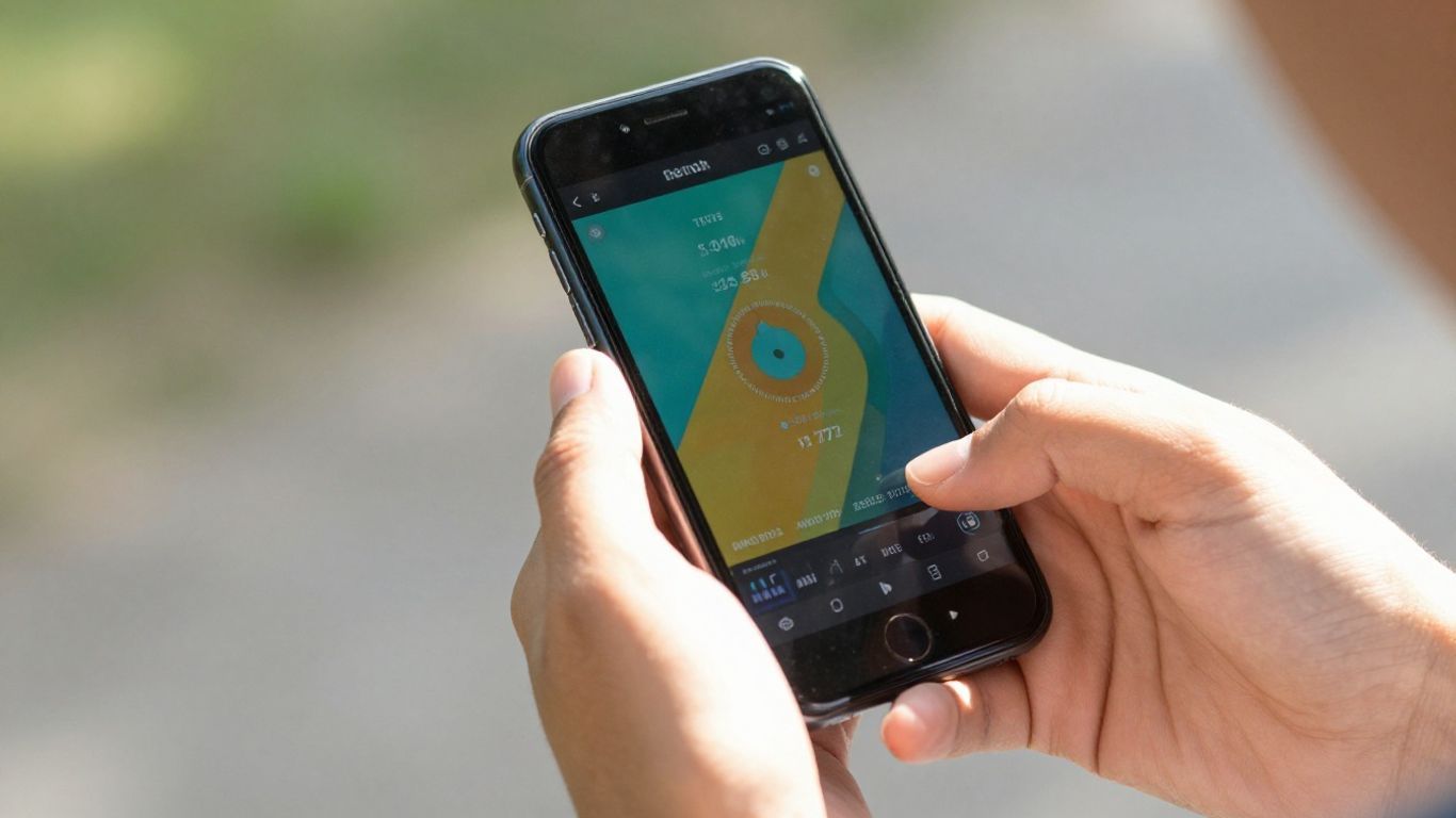 Hands holding smartphone with trading interface