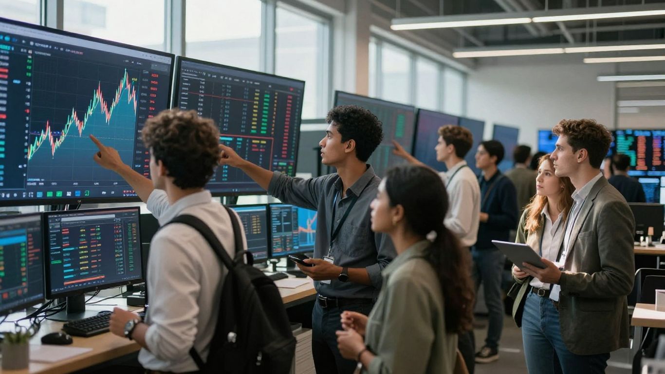 Forex market discussion with diverse people and abstract data.