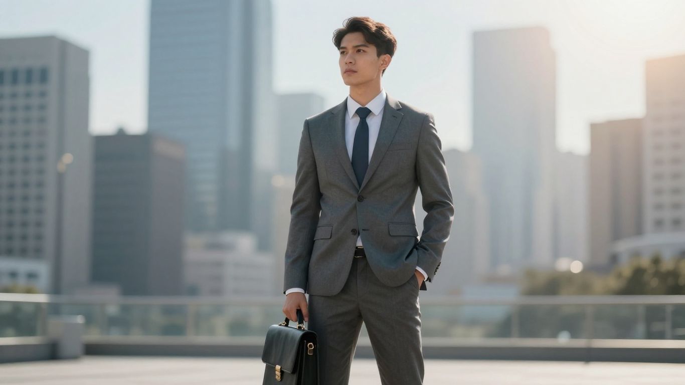 Broker insurance professional with briefcase and city background.