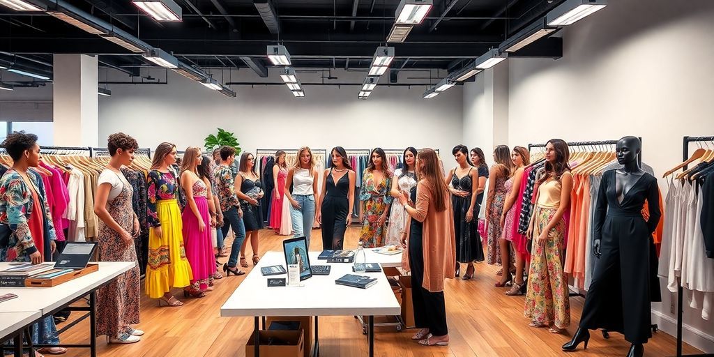 Fashion studio in Dallas with models and designers working.