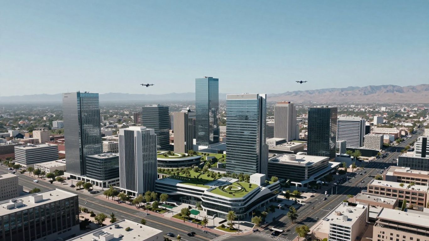 Futuristic smart city skyline in Arizona with modern architecture.