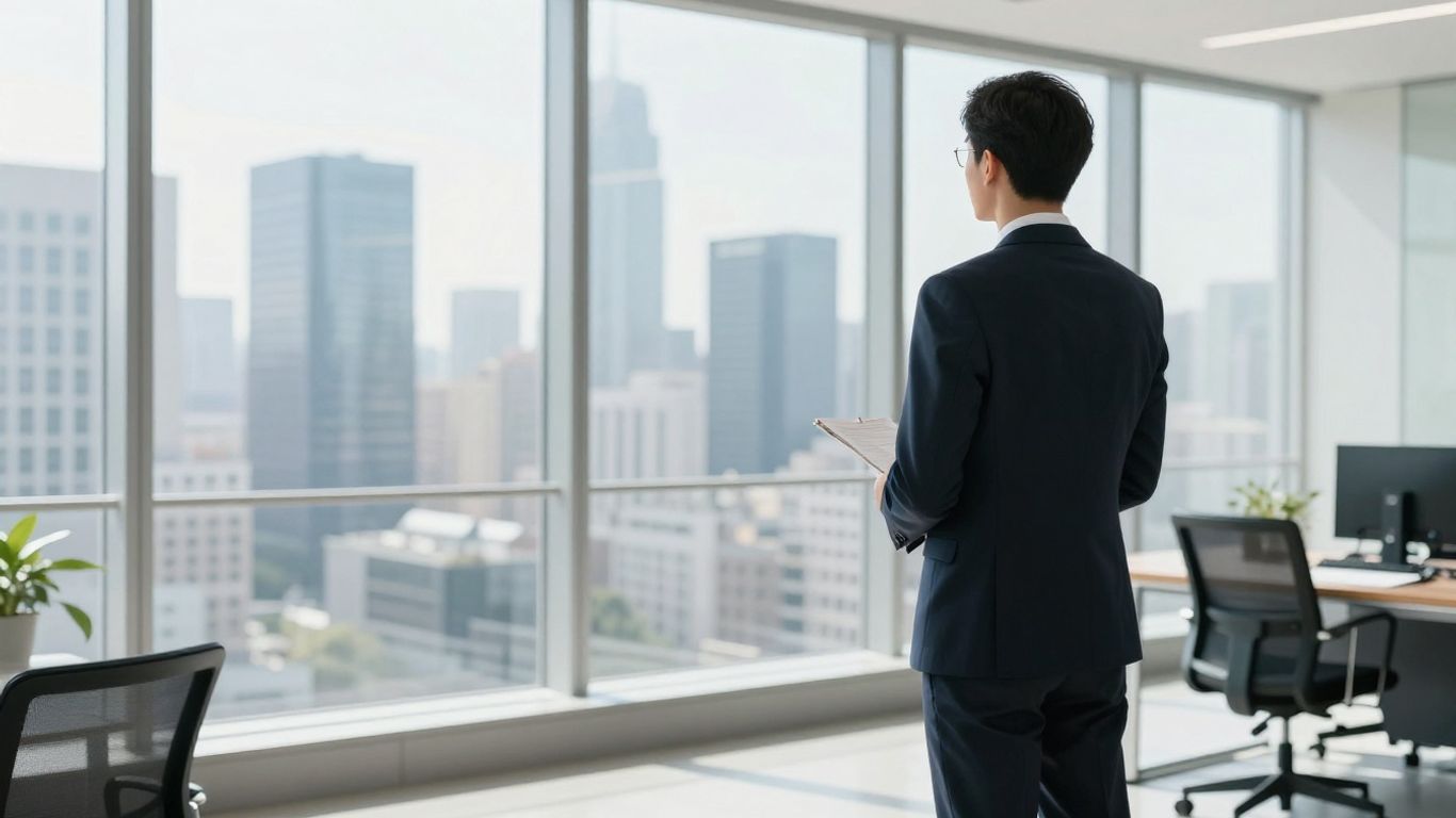Professional looking out window at city skyline