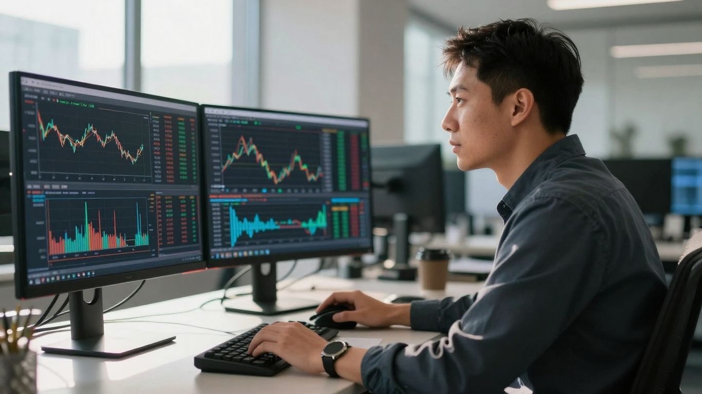 Trader focused on multiple screens with market data.