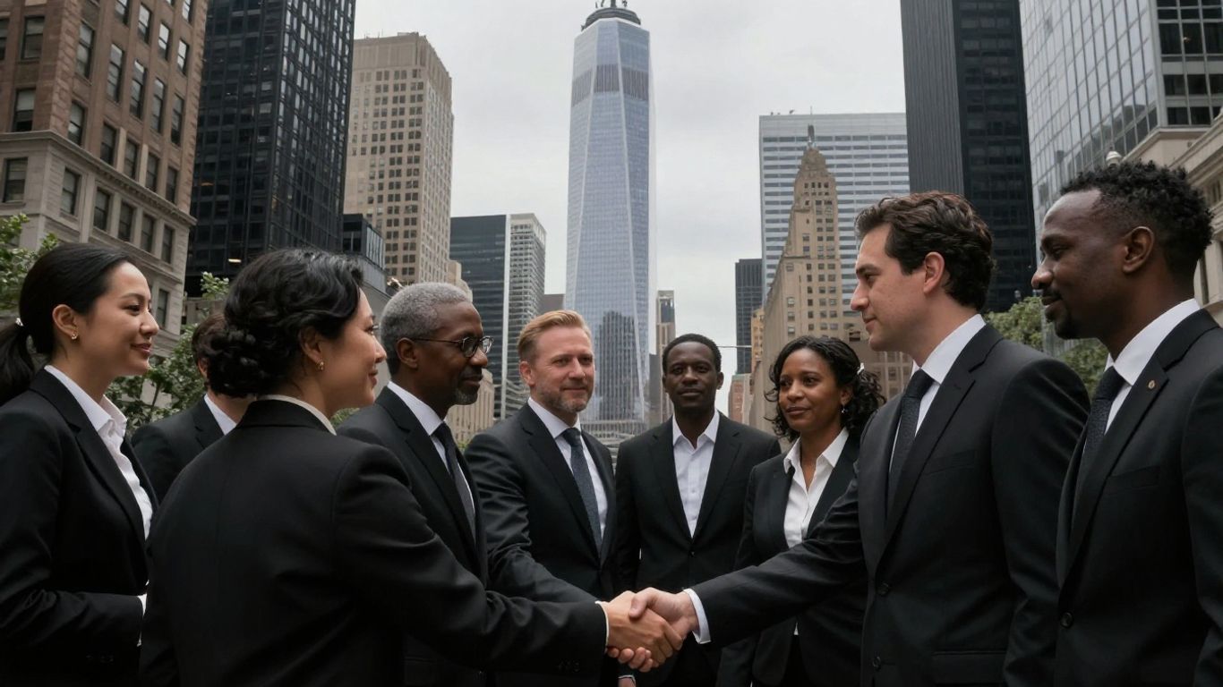 NYC skyline with people shaking hands.