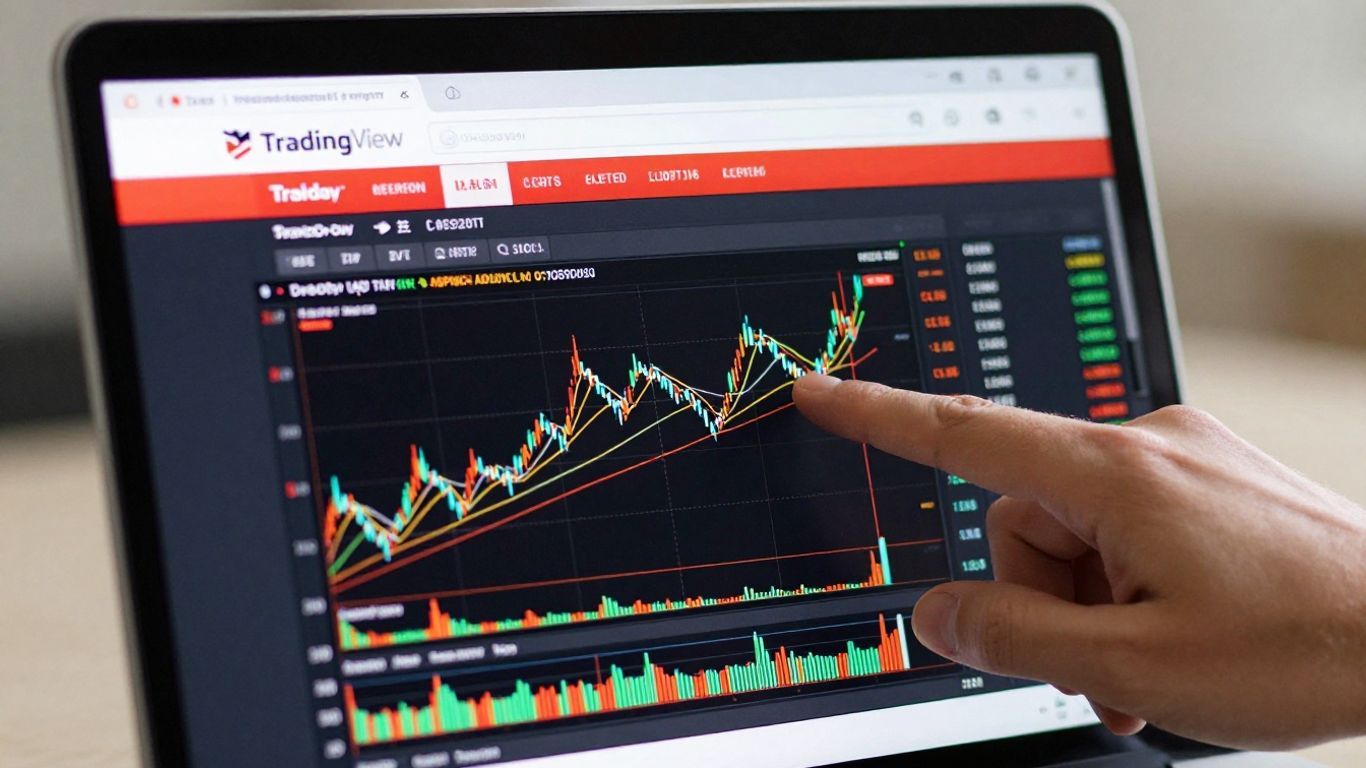 TradingView paper trading interface on a laptop screen.