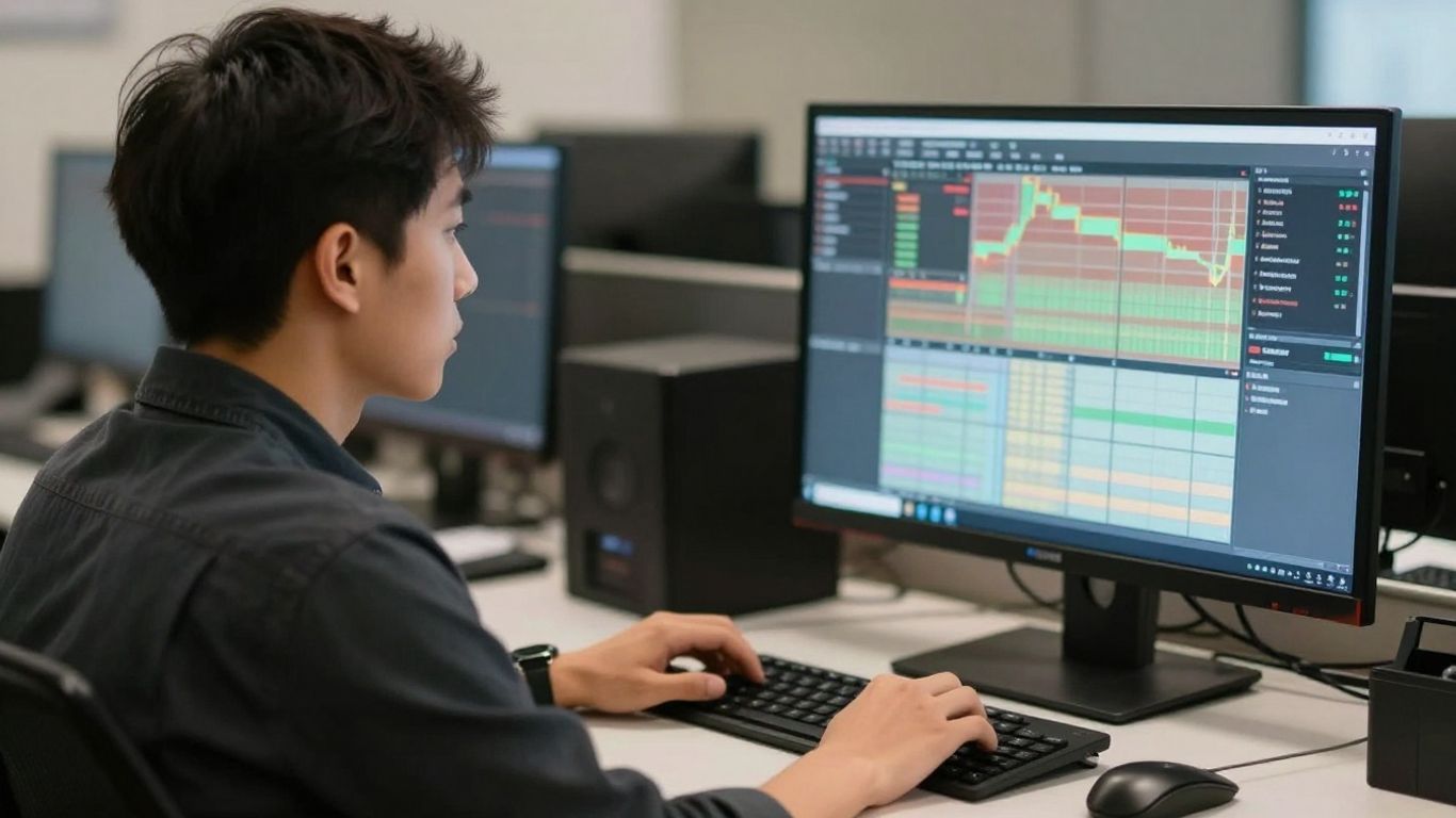 Person focused on trading screen, calm and disciplined.