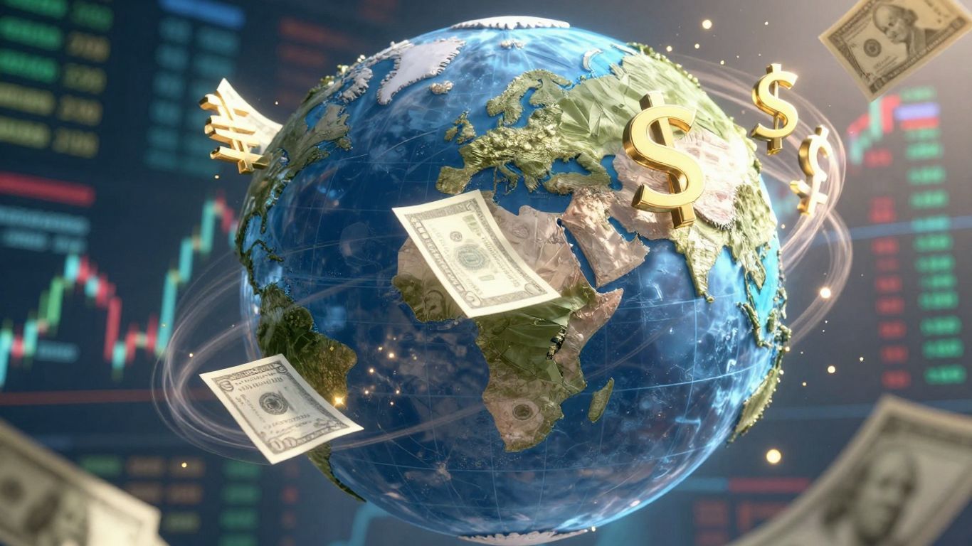 Forex trading concept with currency symbols and globe.
