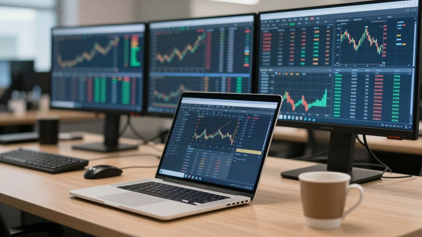 Charles Schwab trading platform interface on monitors.