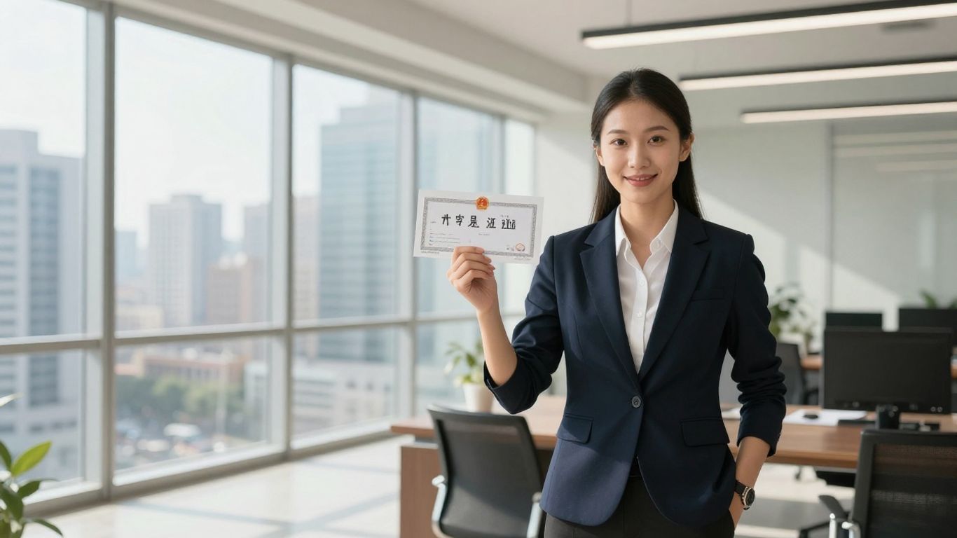 Real estate broker holding license with city view.