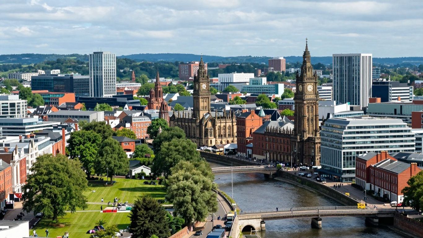 Leicester cityscape with Clock Tower and River Soar.