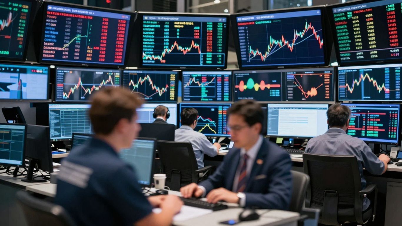 Global financial markets with blurred figures and colorful light trails.