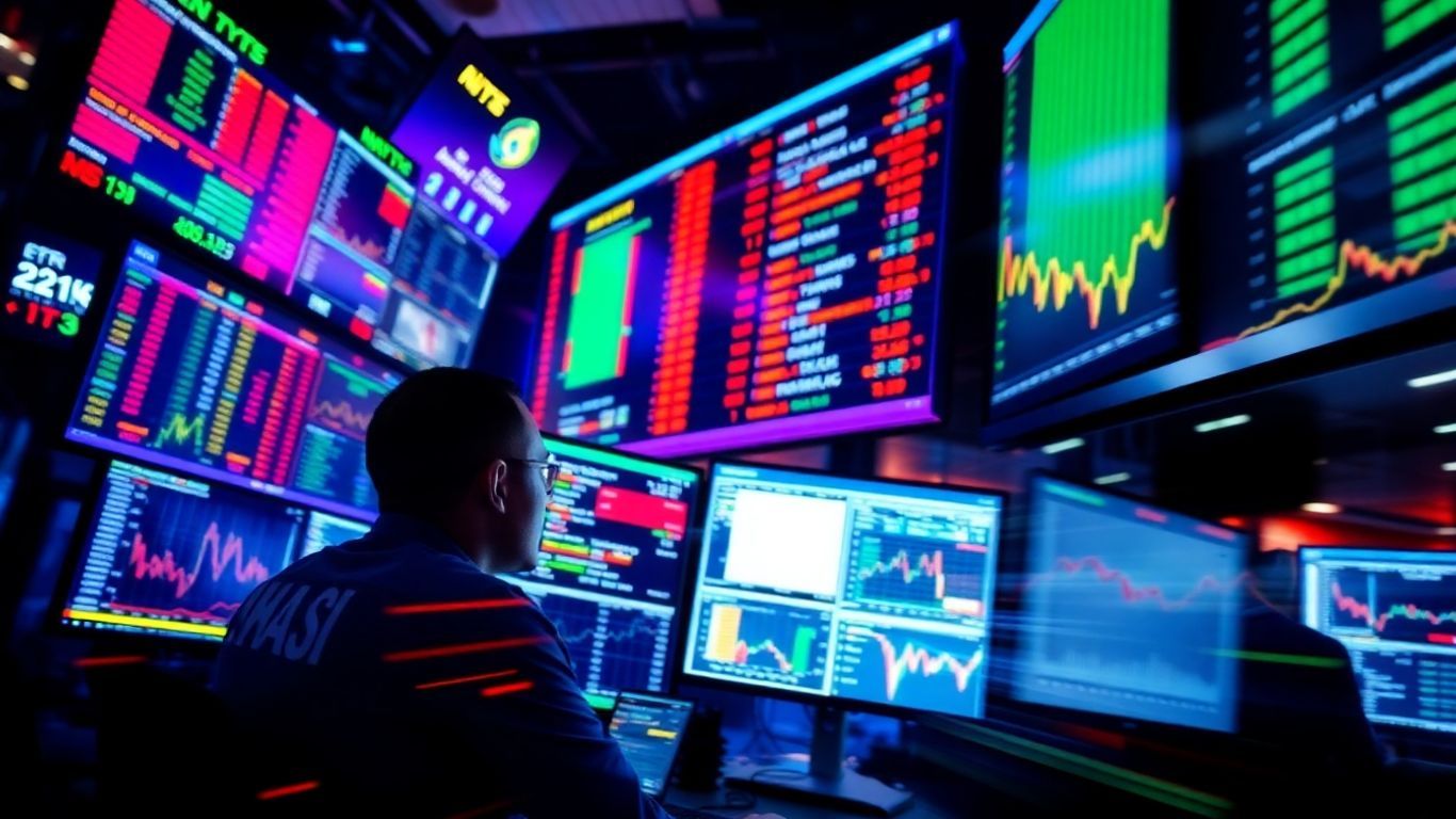 Day trading screens with financial data.
