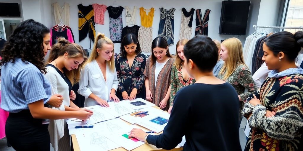 Diverse fashion students collaborating at the London Fashion Academy.