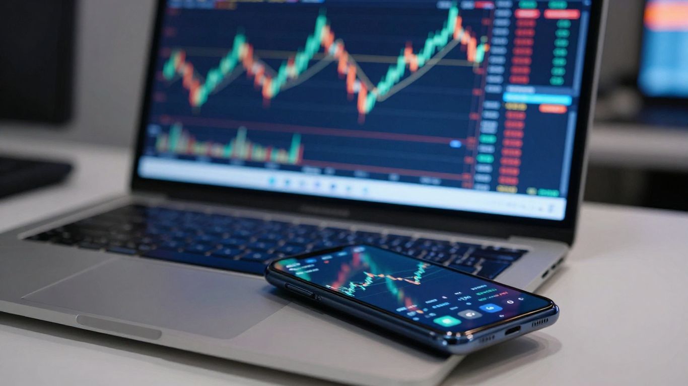 Modern trading desk with laptop and smartphone.