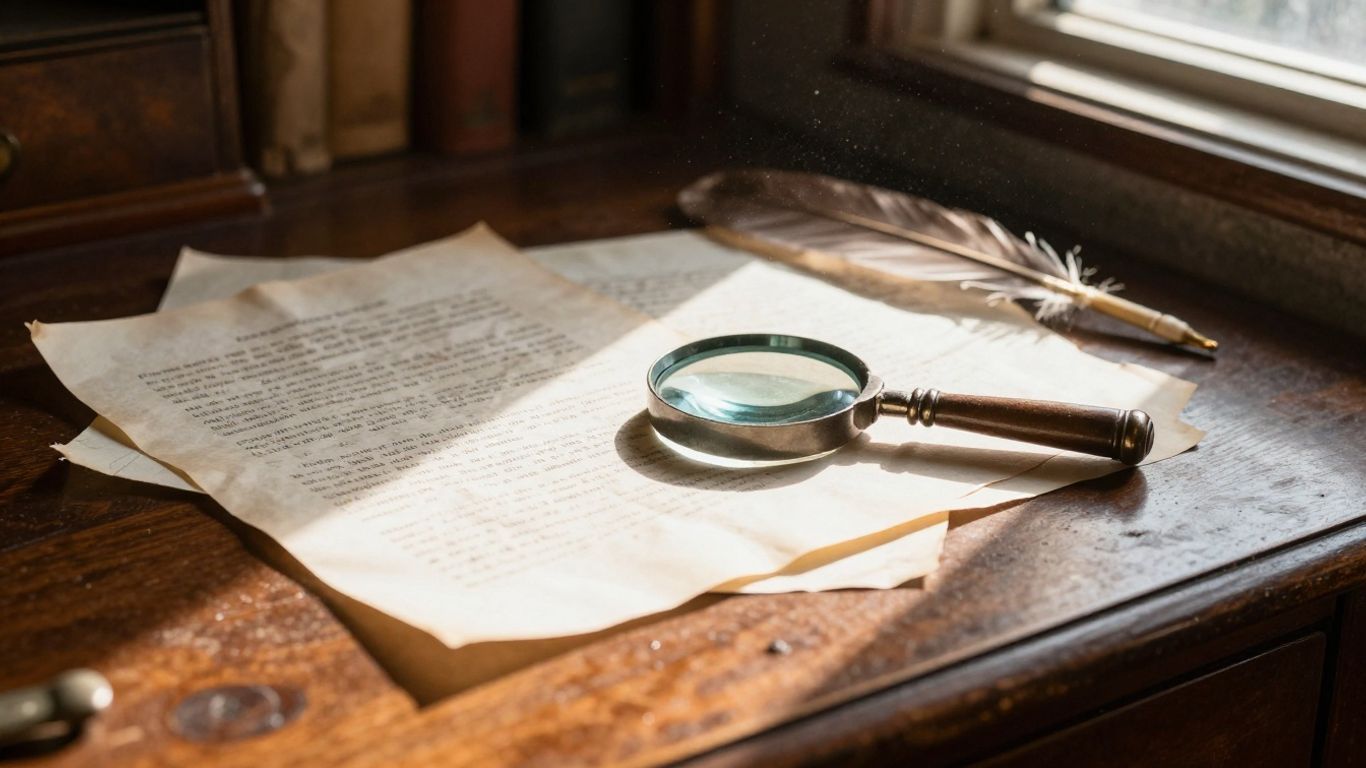 Vintage desk with documents and quill pen.