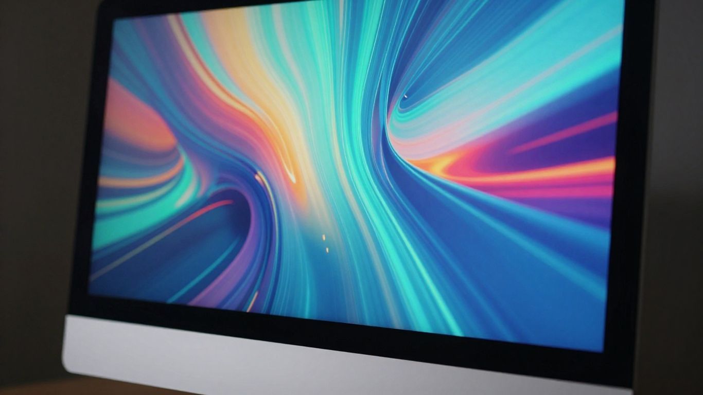 Modern monitor displaying abstract digital landscape.